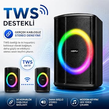 HEPU HP-981 Partybox Bluetooth Hoparlör – 6.5” Hoparlör 40W Güç RGB Işık TWS Destekli
