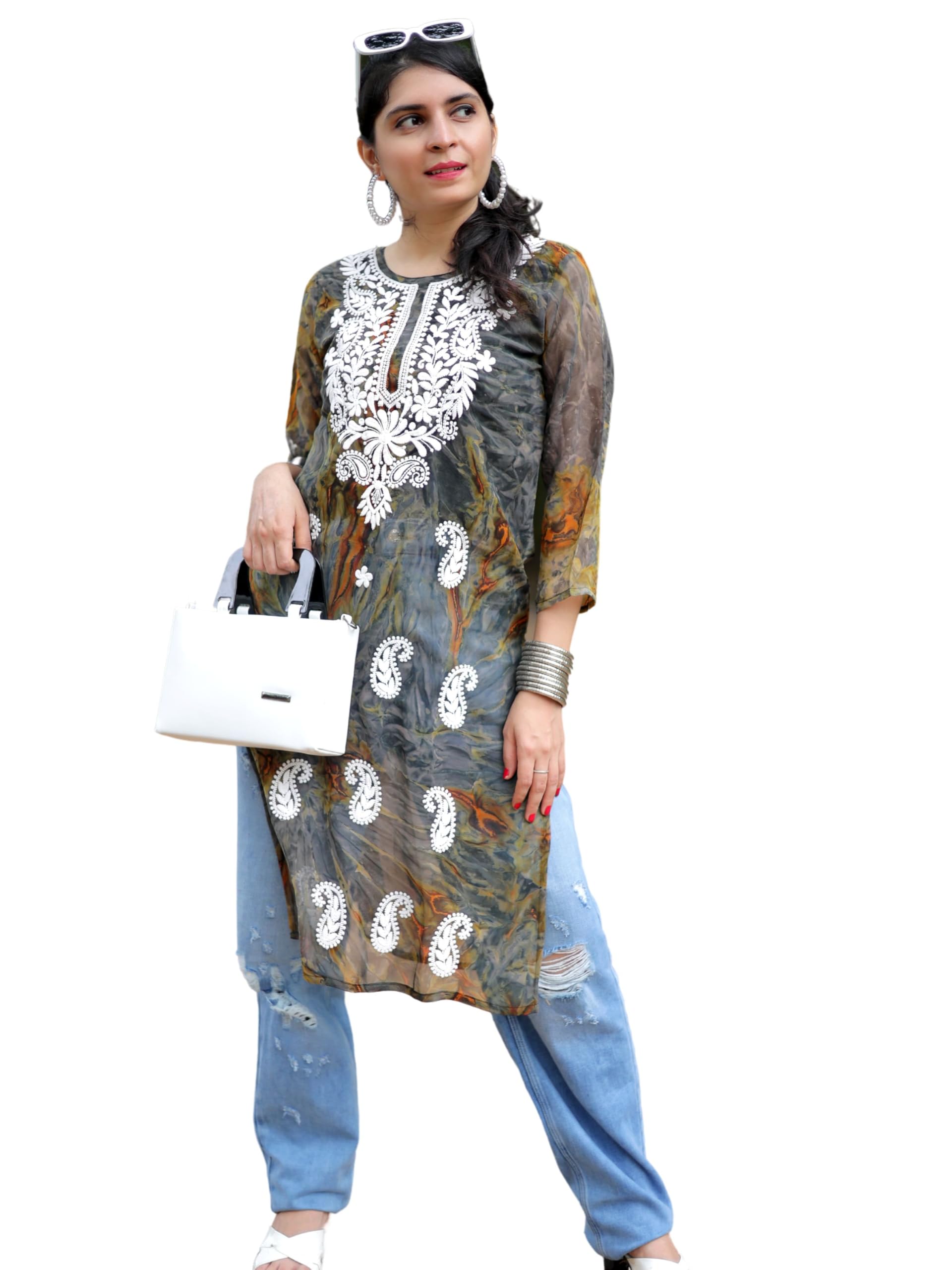 EthnicJunction Georgette Women's Geogette Chikankari Embroidery Straight Kurta |Summer Kurti | Short Kurti for Women | Top for Office | Women's Tunics Tops | Kurta Shirt Top | Regular Fit Top