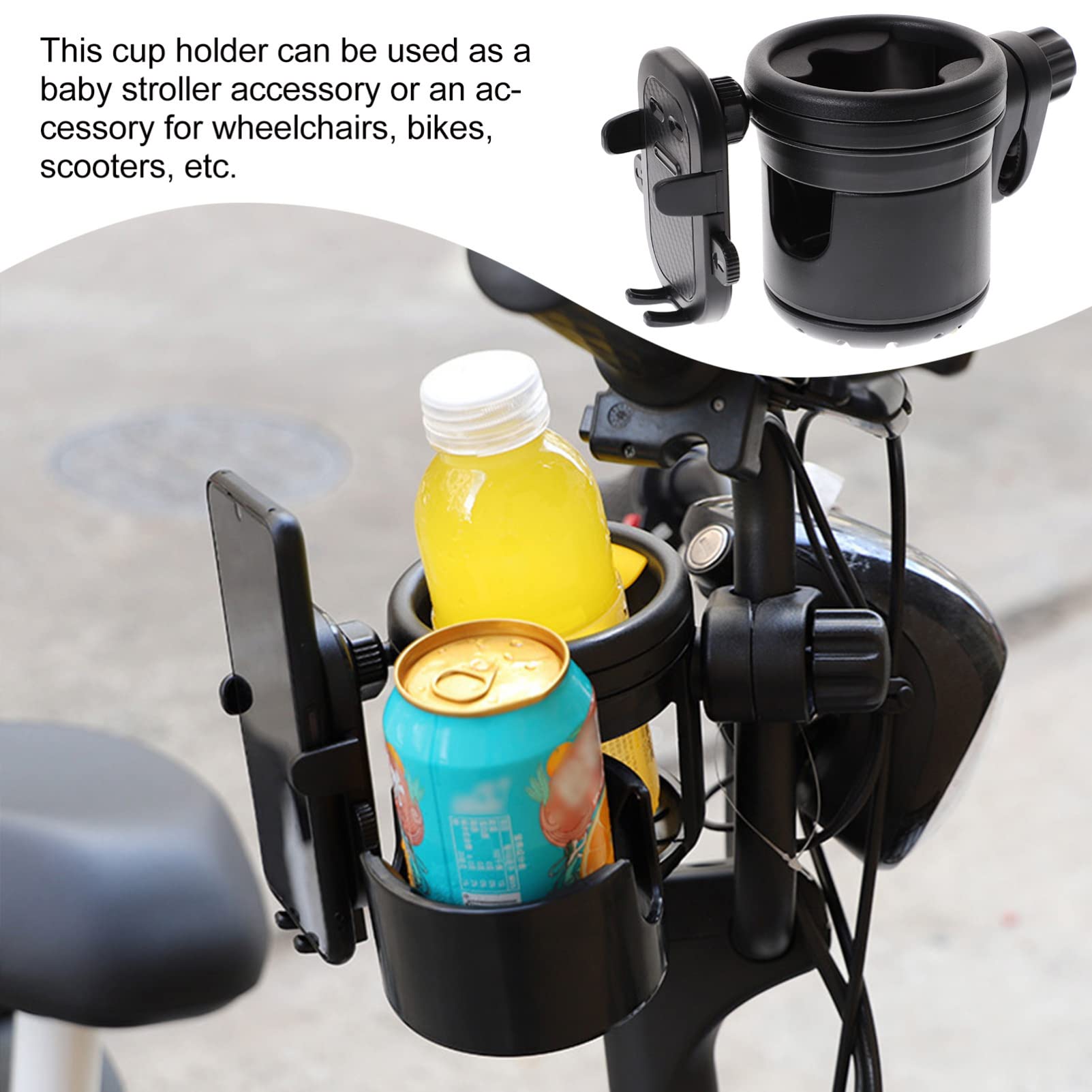 Portabicchiere per Passeggino Nero, Porta Borraccia e Tazza in Plastica e Metallo, Stabile per Bici e Scooter