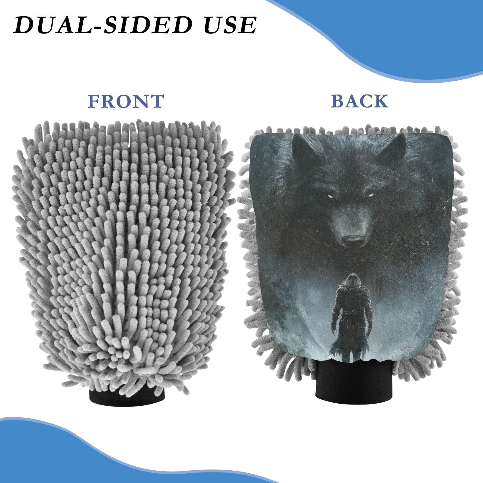 ALAZA Wolf Anime Car Wash Mitt Scratch Free, 2 Pack Absorbent Microfiber/Chenille Washing & Drying Mitts, M
