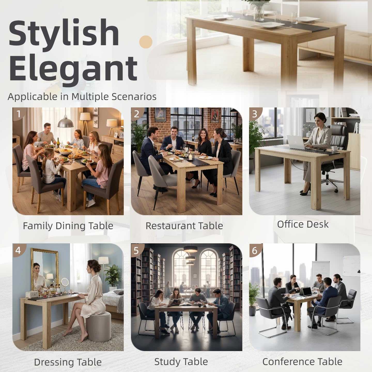 Tavolo da pranzo in legno, 140 x 70 cm, tavolo da pranzo, rettangolare, per 4 persone, moderno, in legno, grande per sala da pranzo, soggiorno, colore rovere + nero