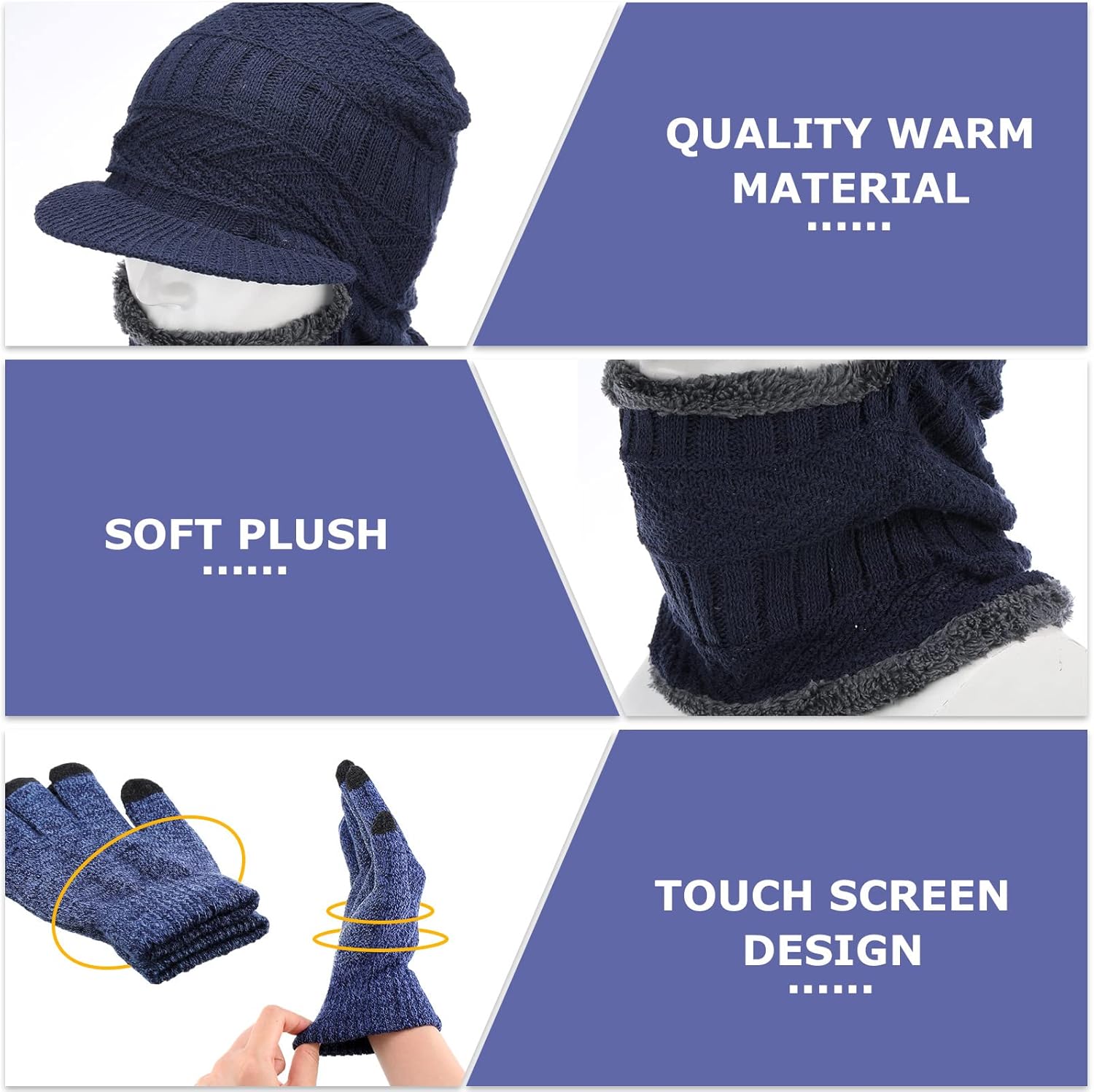 JaGely 10 Pcs Winter Knitted Beanie Balaclava Hat Anti Slip Touchscreen Gloves Set Warm Cycling Ski Mask Cap Unisex for Women Men, Dark Color/Red, Navy, Black, Gray, Coffee, One Size