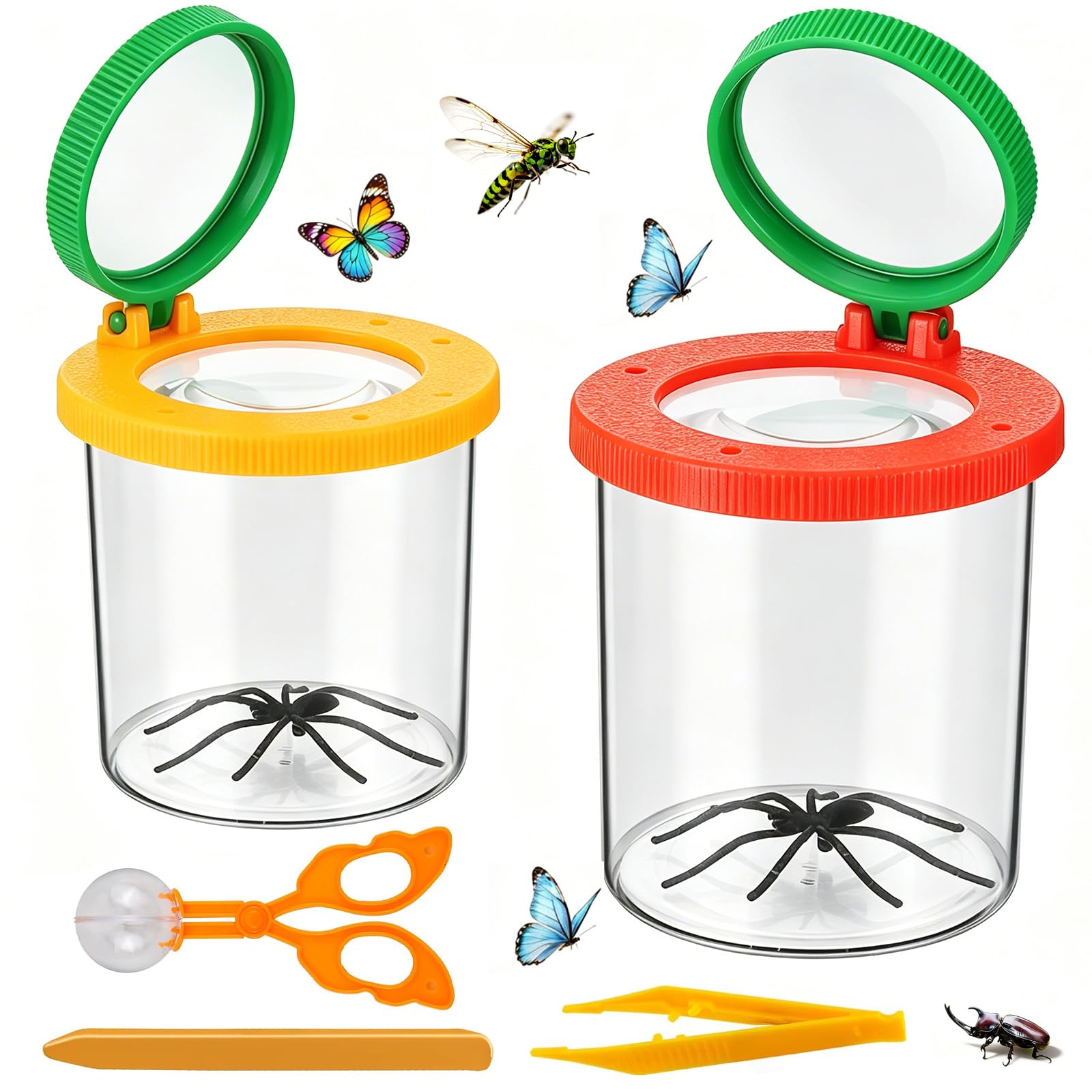 Becherlupen für Kinder, 2 Stück Becherlupe Set,Entdecker Set mit Insekten Beobachtungsbox,Becherlupen für Kinder Lupenbecher Insektenfänger,Geschenke für Junge und Mädchen - Forscherset für Kinder