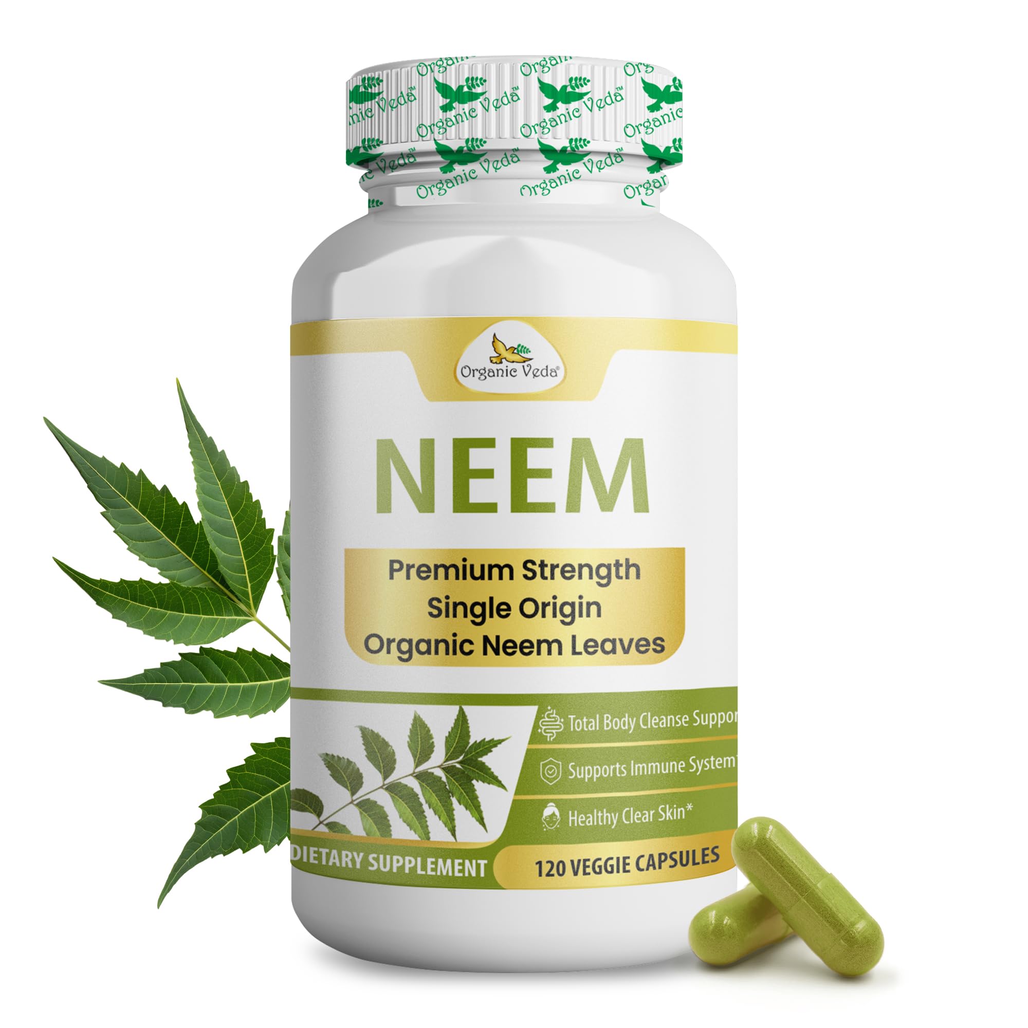 Neem Capsules – Herbal Supplement for Clear Skin, Immune & Gut Health For Men & Women - Single Origin True Green Neem Leaf Powder - Purifying & Cleansing Ayurveda Herb, 120 Vegan Capsules