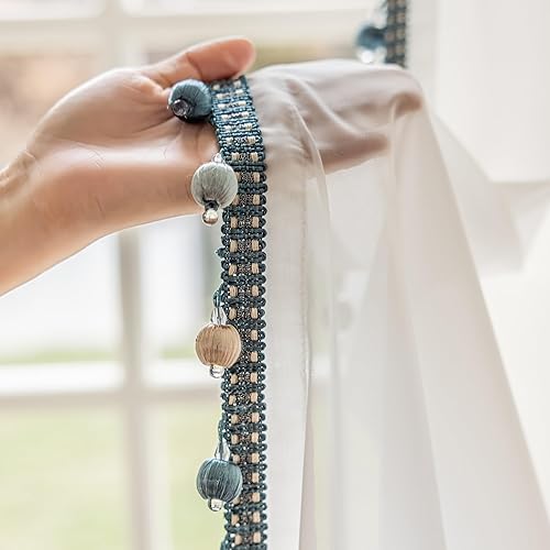 Miniatura 4 de Mira - Cortina transparente blanca con ribete de pompón azul y crema, juego de 2 paneles de cortinas de rayón, bordado de lujo transparente para