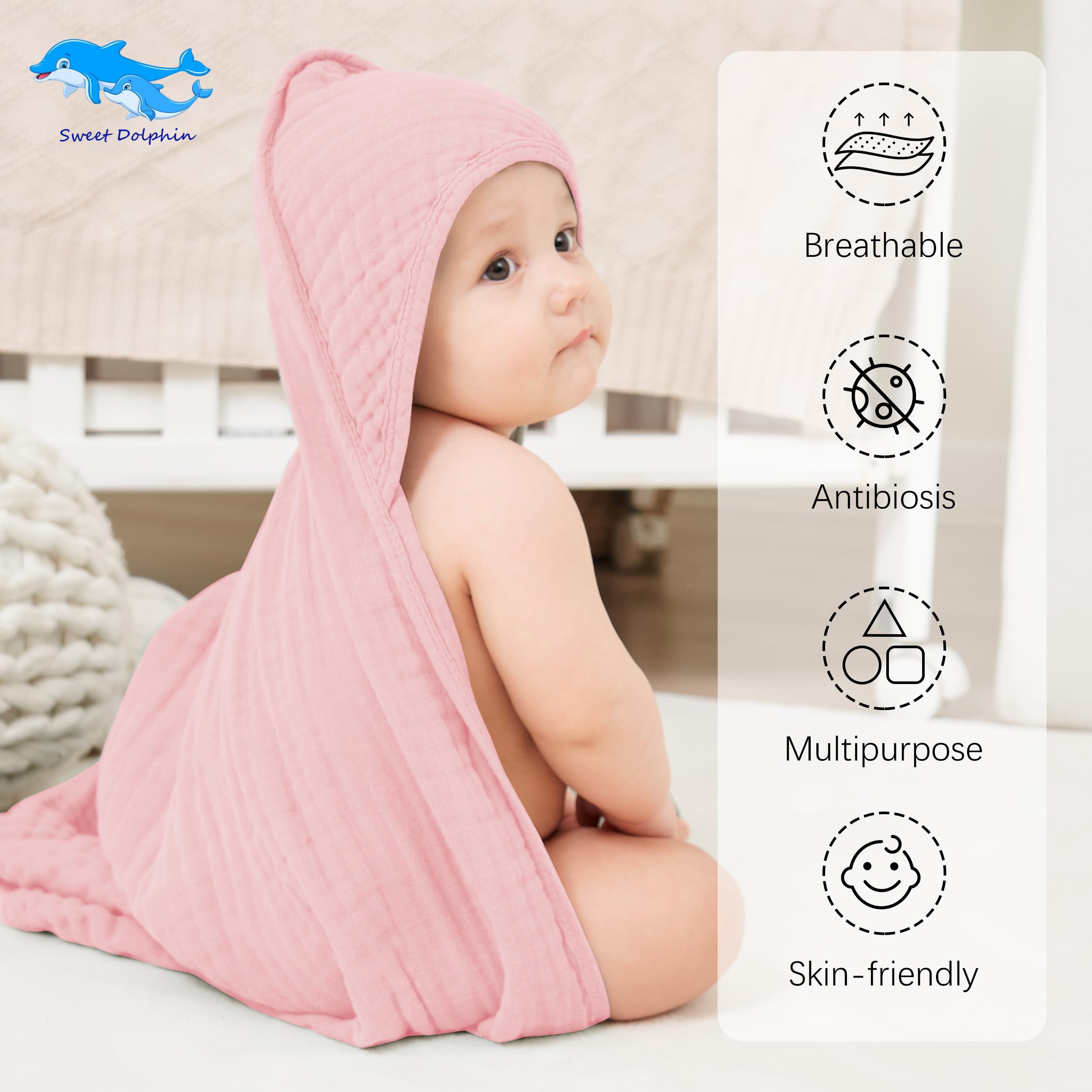 SWEET DOLPHIN Toallas de baño de muselina con capucha para bebé, paquete de 2 toallas 100% algodón para bebés, bebés y niños pequeños, 32 x 32 pulgadas, altamente absorbentes y esenciales para recién