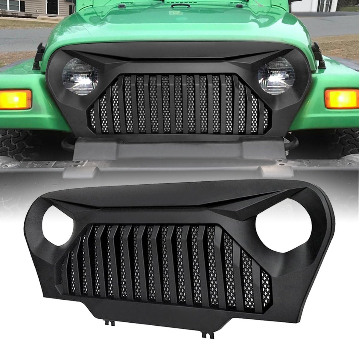 1997-2006 Jeep Wrangler TJ Front Matte Black Gladiator Vader Grille Grid Grill Overlay Cover with Mesh, ABS