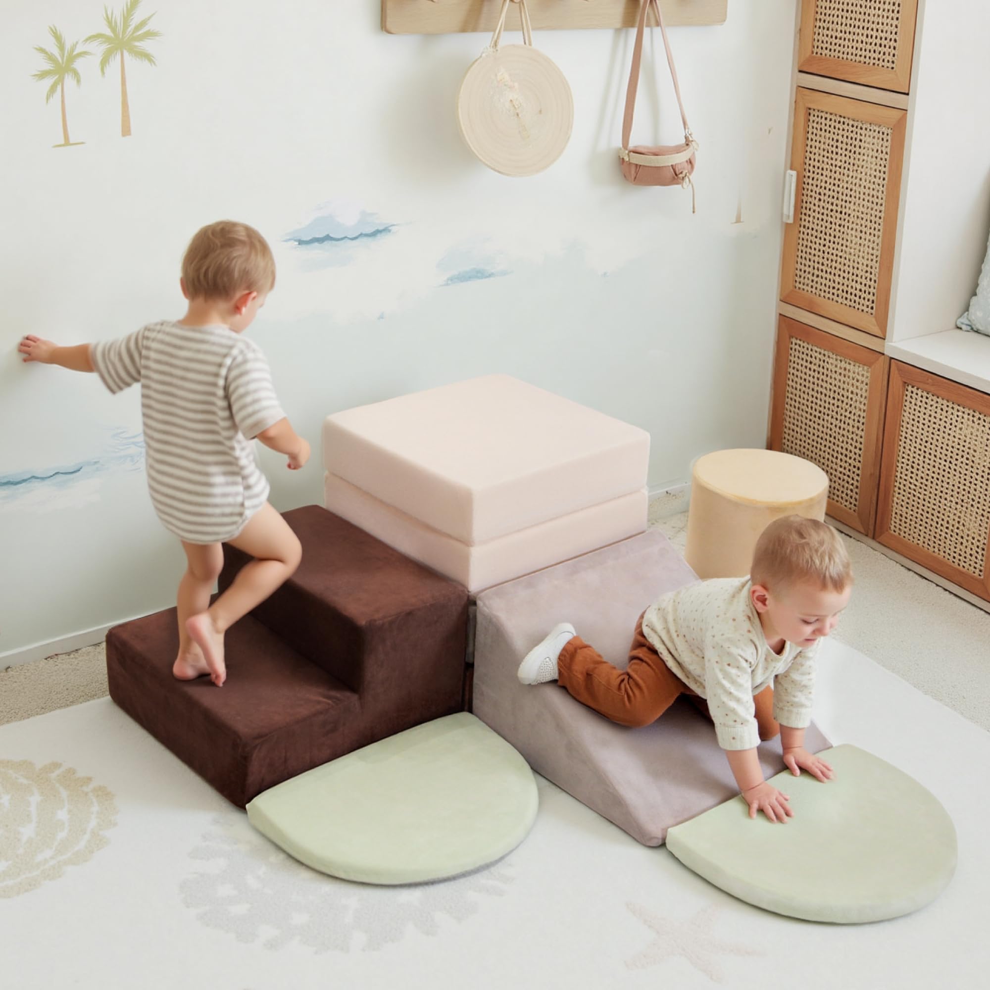 BanaSuper Parcours de Motricité, Blocs de Mousse Bébé 7 pcs, Module de Motricité Enfant Intérieur, Tapis de Jeu & Blocs d'escalade, Jeu d'Éveil Sensoriel et Physique, Cadeau pour Filles et Garçons