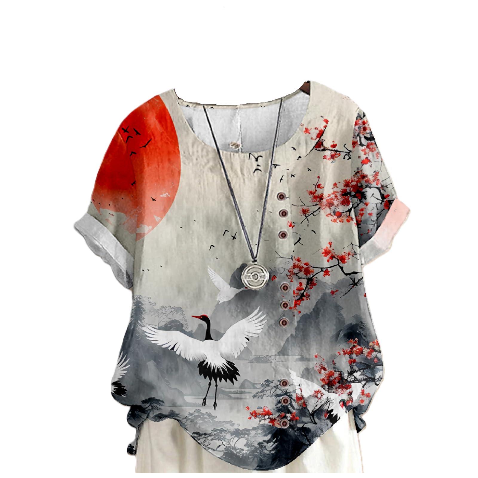 domirica Flower Bird Printed Loose Boho Shirts Women Plus Size Summer Crew Neck Short Sleeve Blouses