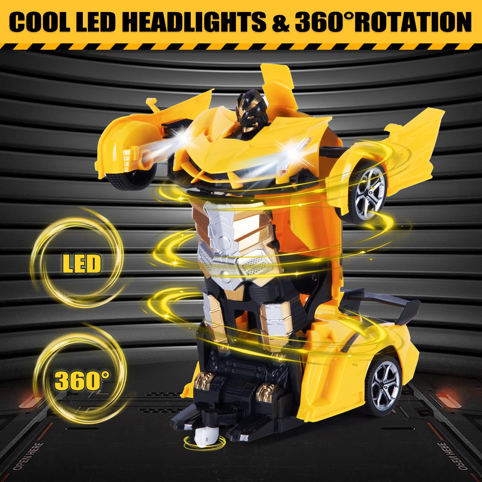 Highttoy Macchina Telecomandata per Bambini, Auto RC Trasformatore Rotazione a 360° con Rilevamento Gesti, Luce e Musica, 2.4GHz Robot Trasformatore Giocattoli Bambini 3 4 5 6 7 8 Anni, Giallo