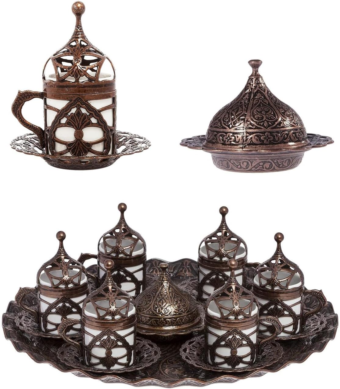 Turkish Coffee Cup Set Turkish Coffee Cup with Tray,Sugar Bowl Saucer Lids Coffee Espresso Hürrem Set Of 6 (Copper)