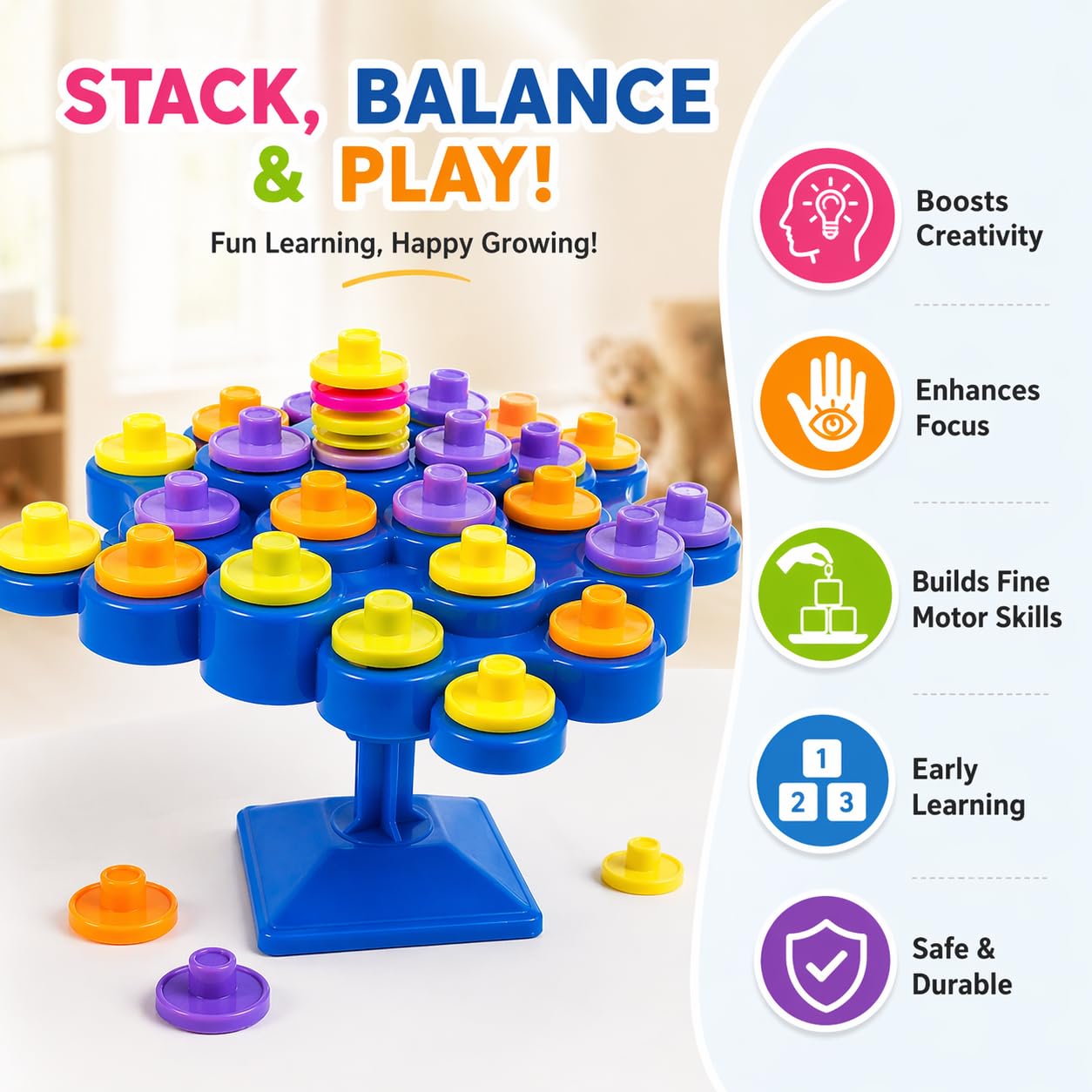 Goyal's Balancing Topple Stacking Game for Kids – 48 Colorful Discs with Dice | Educational Dexterity Skill Toy for Boys & Girls | Fun Family Game for 3+ Years 2