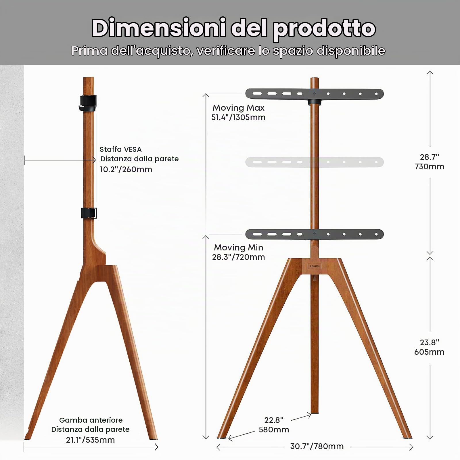 Tripod Supporto TV Universale, PUTORSEN Supporto a Pavimento Cavalletto da TV 45-65 Pollici con mensola TV, girevole e Adattabile in Altezza, Max. Vesa 400 x 400, che Regge fino a 40 kg