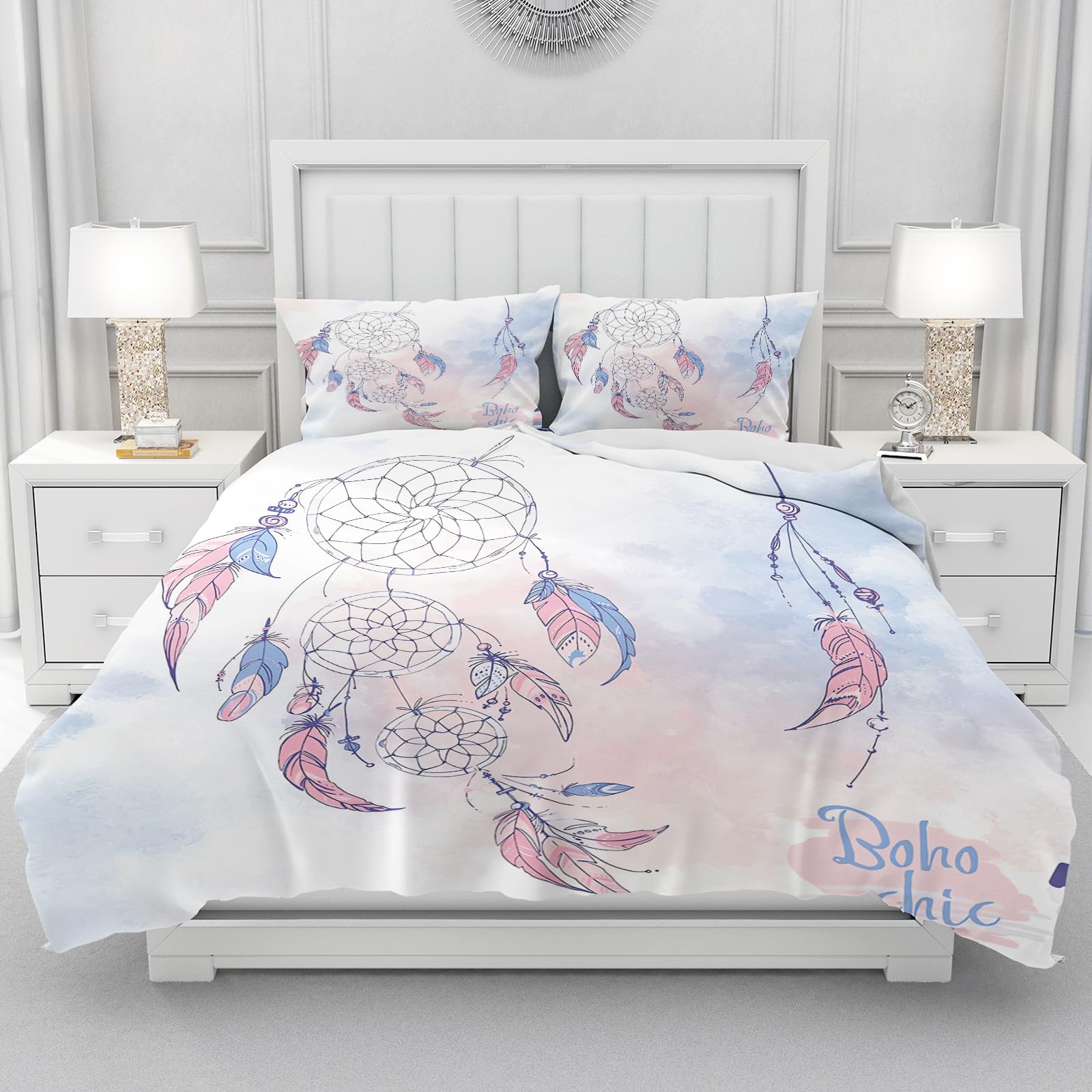 CHEFFS Boho Traumfänger Bettwäsche Set, Feder Traumfänger Bettbezug mit Kissenbezügen, Weiche Mikrofaser Bettwäsche, Boho Chic Schlafzimmer Deko(220x240cm+2*Kissenbezüge 80x80cm)
