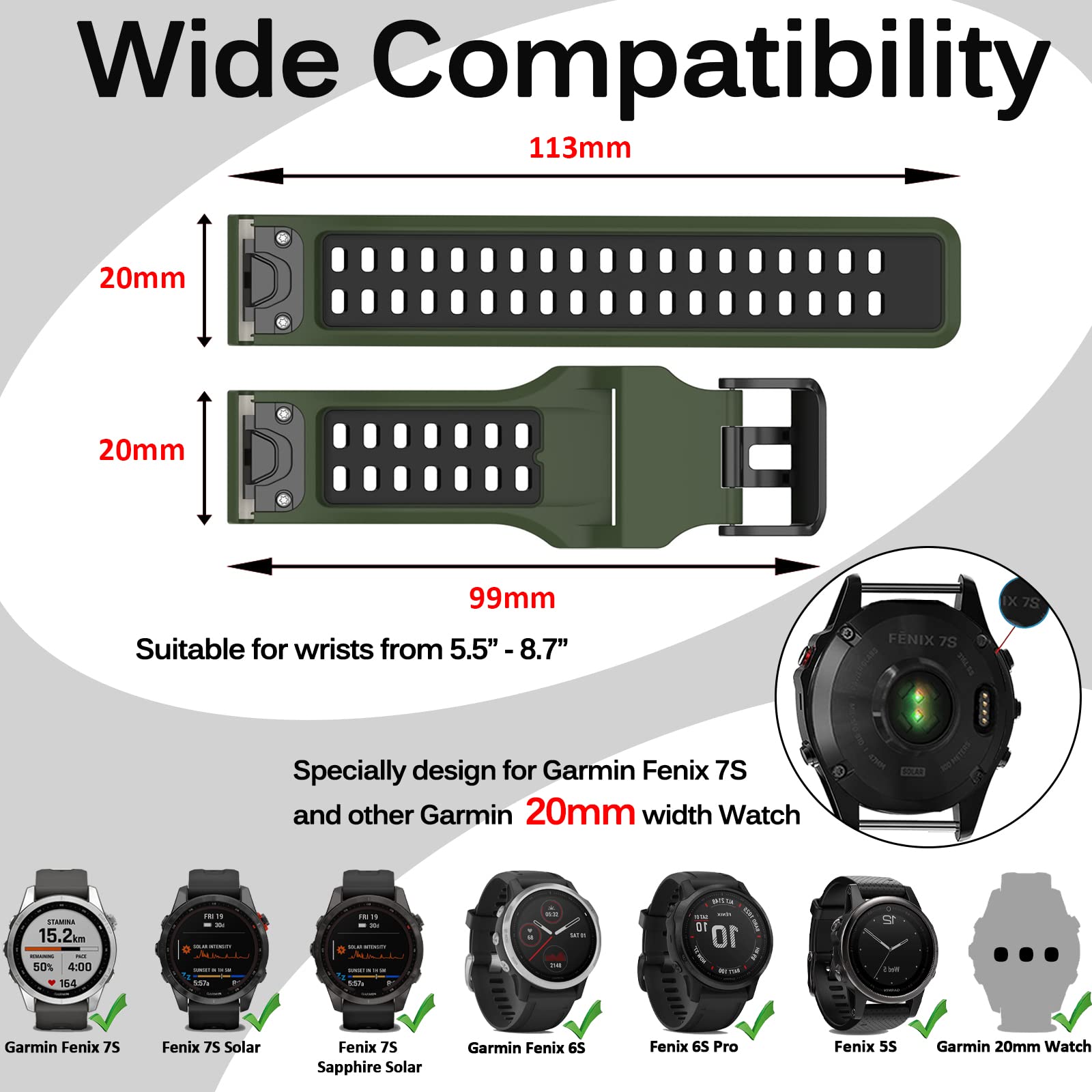 Miimall Compatible for Garmin Fenix 7S Bands, 20mm Width Strap Soft Silicone Sport Waterproof Strap Band for Garmin Fenix 7S/7S Solar/7S Sapphire Solar/6S/6S Pro/5S/5S Plus(Green, Black)