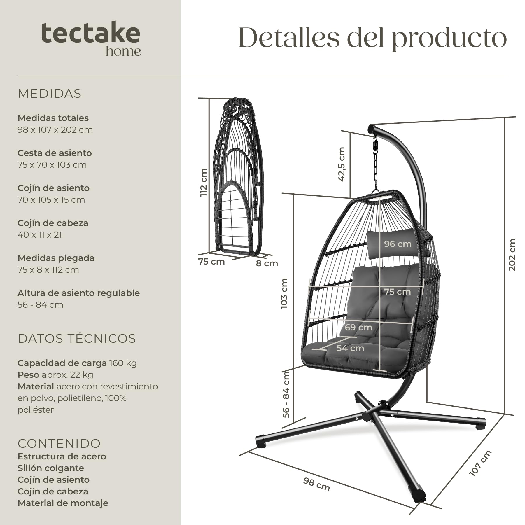 tectake® Columpio Jardín Exterior, Silla Colgante con Cojín Extragrueso, Sillón Balancín con Estructura de Acero y 4 Pies en Base, Hamaca Colgante Interior/Exterior, Plegable, Capacidad 160Kg - Gris