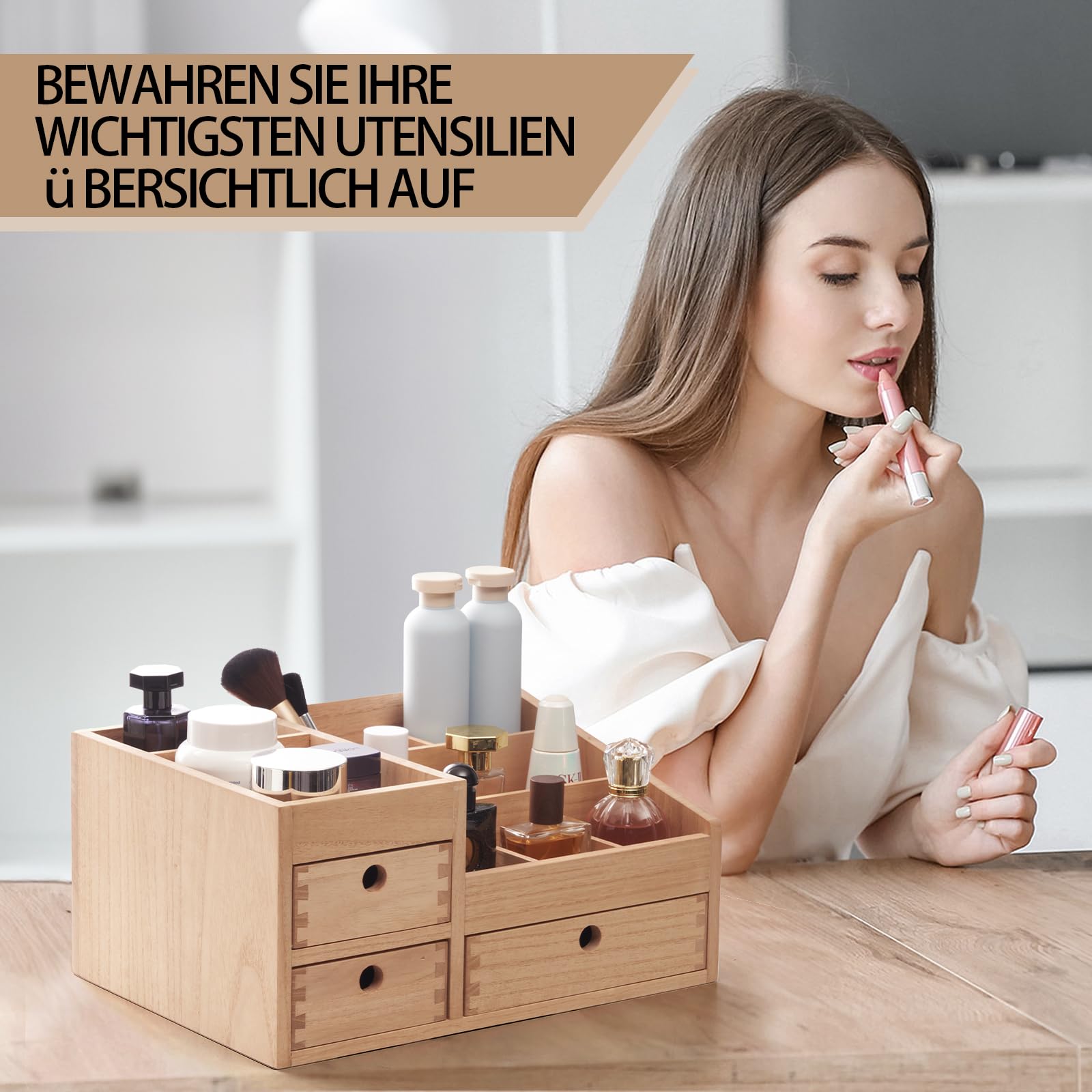 KIRIGEN Kosmetik-Organizer Holz, Schubladenbox, Make-up-Organizer, Natur | 3 Schubladen, 8 Fächer; fertig montiert; Zapfenverbindungen; Pflanzenöl; 38 × 27 × 17,8 cm
