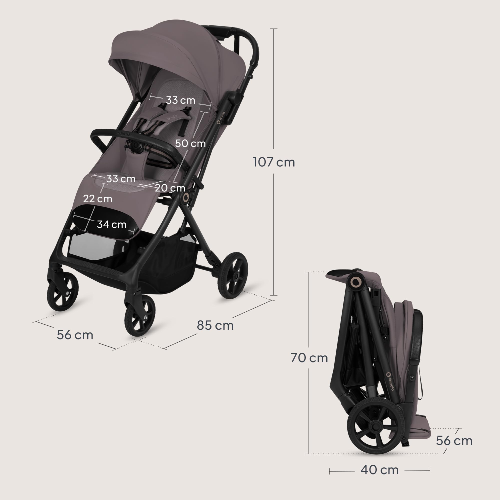 Lionelo Tansi wózek podróżny do 22 kg, 6 miesięcy – 4 lata, kompaktowy, składany jedną ręką, kółka GravelTech, pozycja leżenia 92 cm, osłona z ochroną UPF50+, wodoszczelny, kosz do 3 kg
