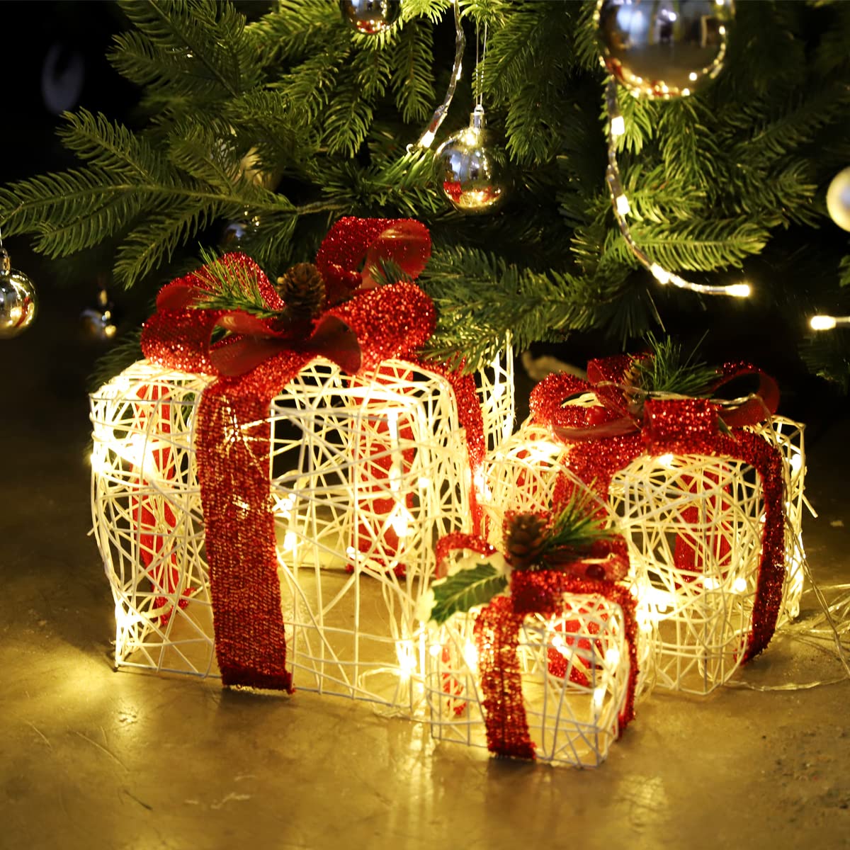 SALCAR Caja de Regalo Decorativa LED Set de 3 Piezas, 20/14 / 10 cm, Cajas Luminosas de decoración navideña con 8 Modos - Blanco cálido