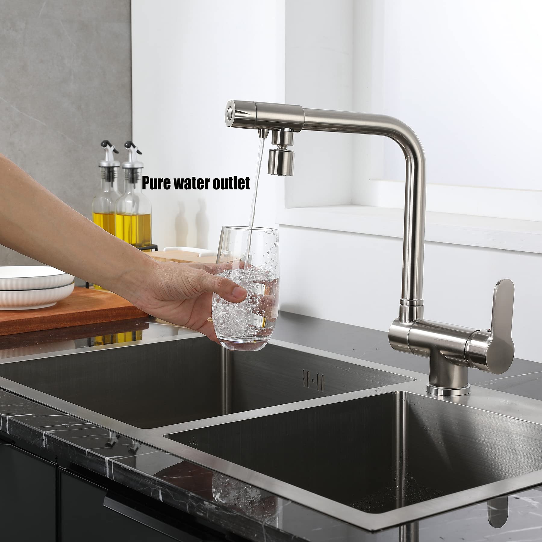 Grifo De Cocina 3 Vías Osmosis Con Abatible, Dos Salidas Mezclador De Fregadero En Latón，360° Giratorio Con Aireador, Superficie Cepillada