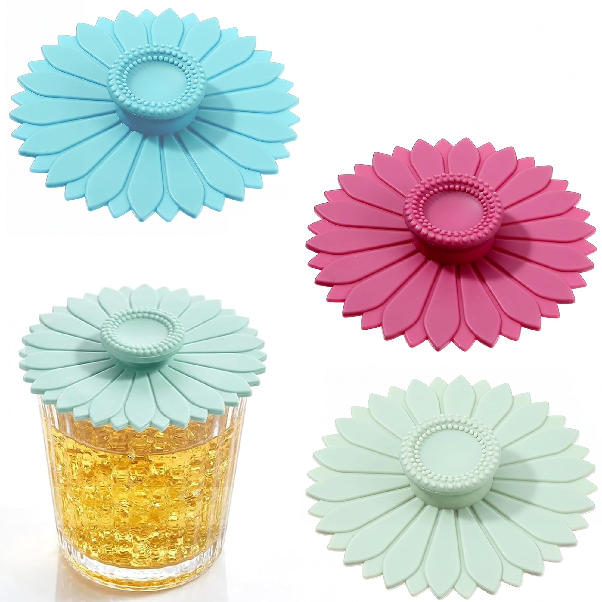 Produktbild von 3er-Set Sonnenblumen-Silikondeckel Für Gläser – 10,5 Cm, Staubdicht, Für Kaffee, Tee & Bier – Grün, Blau, Lila