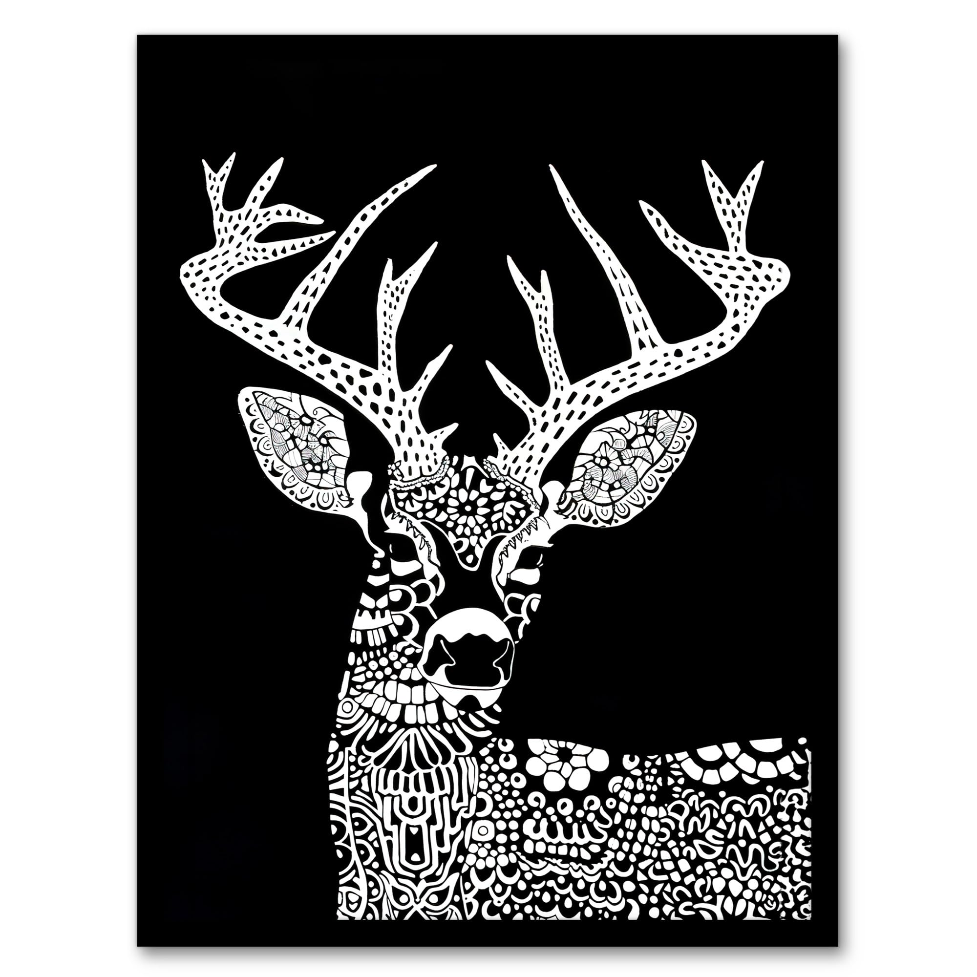 Framed Art Print - Black White Tribal Deer Stag Design - A4 Size