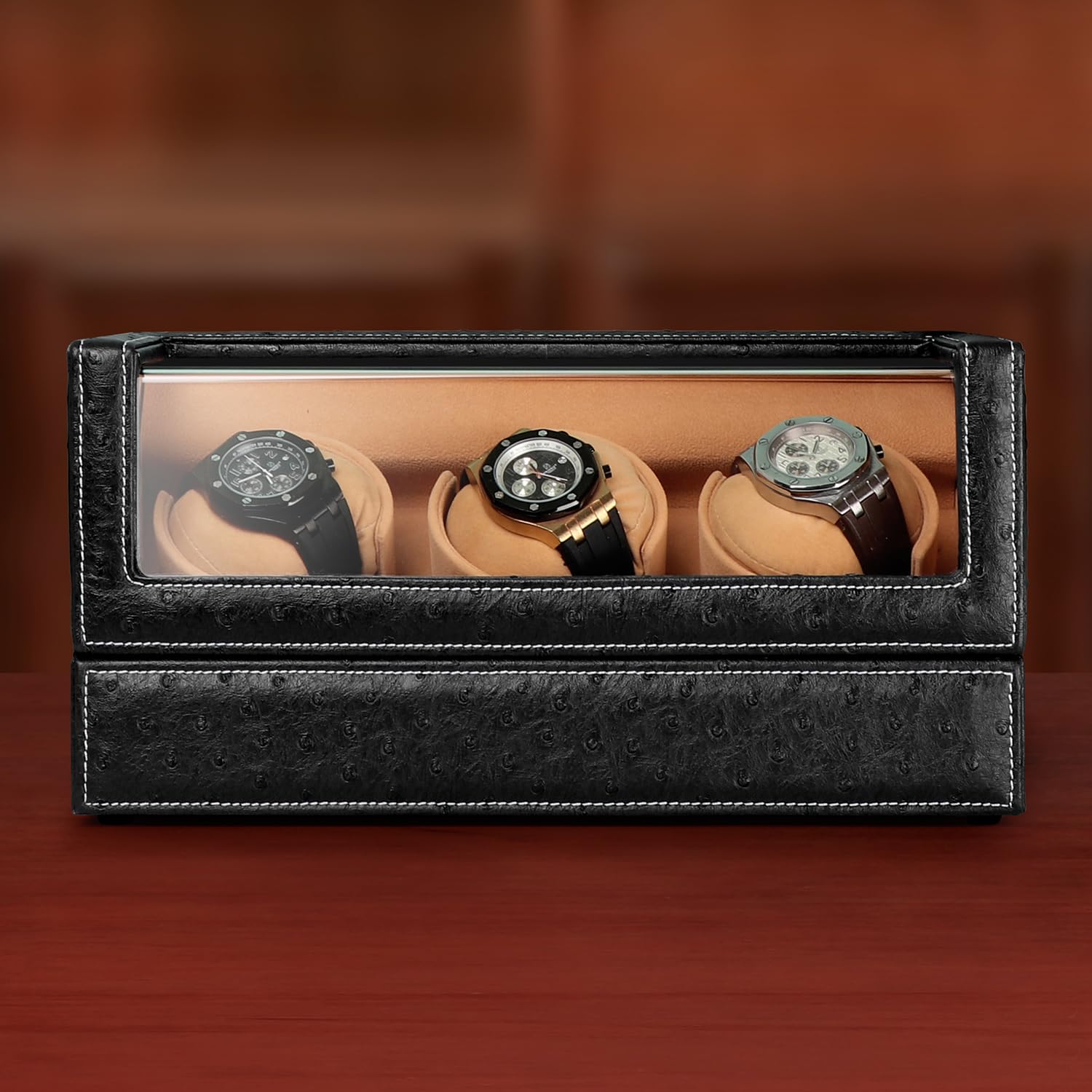 Caricatore automatico per orologi Rolex e altri orologi di lusso, carica automatica con motore silenzioso, esterno in pelle di struzzo nera di alta qualità e morbidi cuscini flessibili in