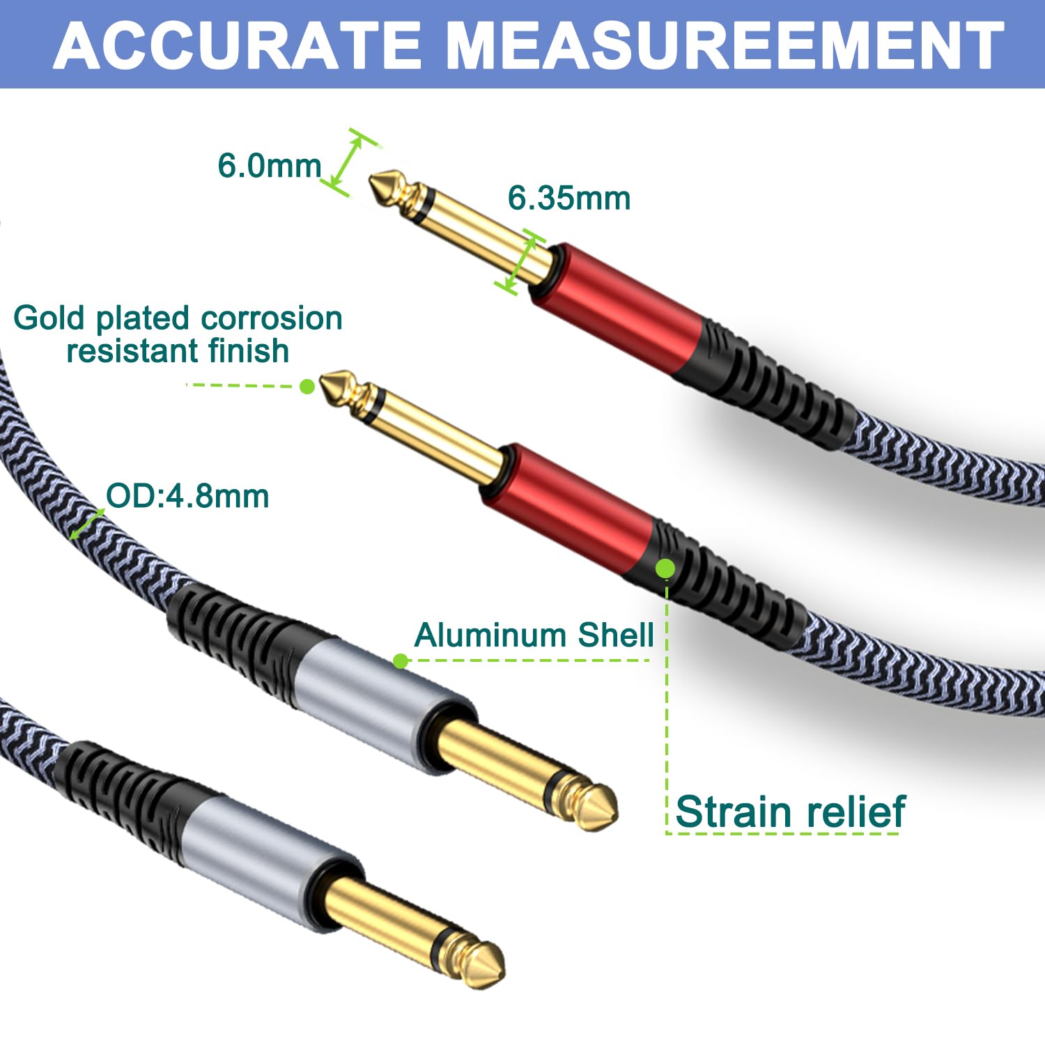 Cable de instrumento de guitarra de 1/4 de 30 pies, 2 unidades, recto a recto, cable de instrumento de 1/4 compatible con guitarra eléctrica, bajo, batería, pedal, amplificador