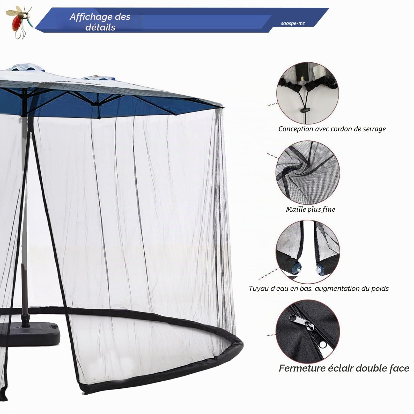 Moustiquaire pour Parasol de terrasse de 4,6 m Double Face, moustiquaire avec Fermeture éclair, Double Porte, Noir (pour Parasol de 4,6 m)