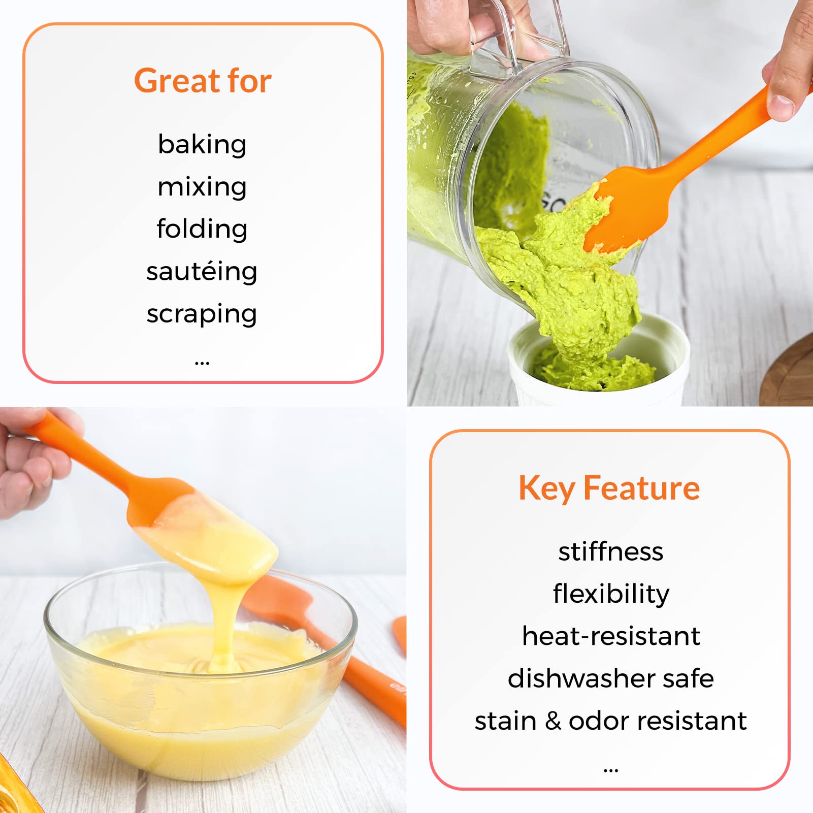 Elihome Lot de 3 spatules en silicone Chef Series - Résistantes à la chaleur - Anti-adhésives - En caoutchouc - Pour la cuisine, la pâtisserie et le mélange - Sans BPA et certifié LFGB - Orange
