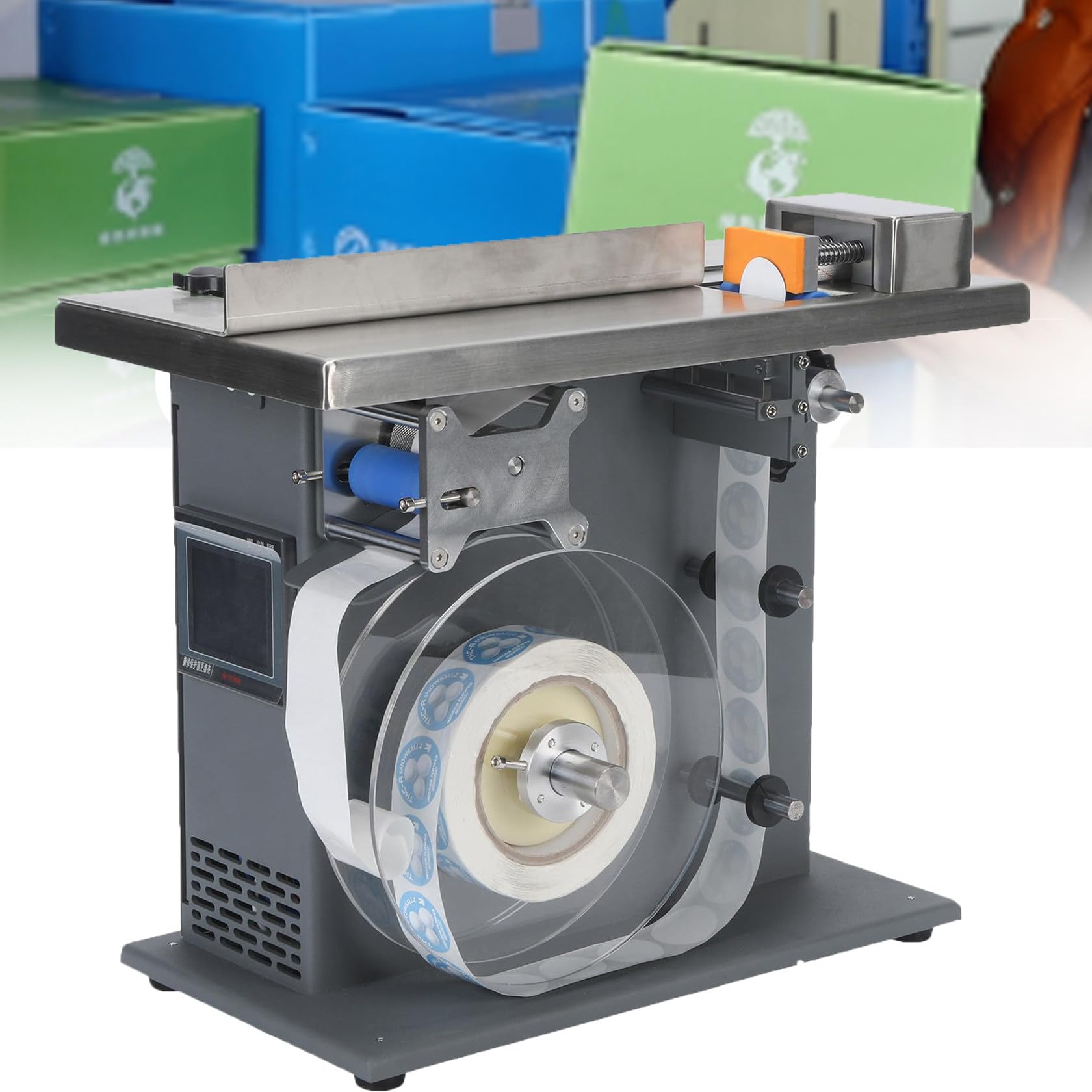 Etykieciarka do małych pudełek, półautomatyczny aplikator etykiet pod kątem 90°, 200 W, 15-30 szt./min dla produktów φ15-30 mm, idealny do drukowania i etykietowania żywności, elektroniki