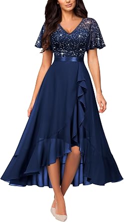 Miusol Womens V-Neck Ruffle Butterfly Sleeve Sequined Lace Wedding Dress | Classy V-neck, sequin, floral lace, butterfly sleeve, ruffle split dress, suit for wedding, cocktail and prom