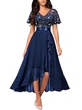 Women&apos;s Classy V-Neck Butterfly Sleeve Sequined Floral Lace Ruffle Split Bridesmaid Party Dress