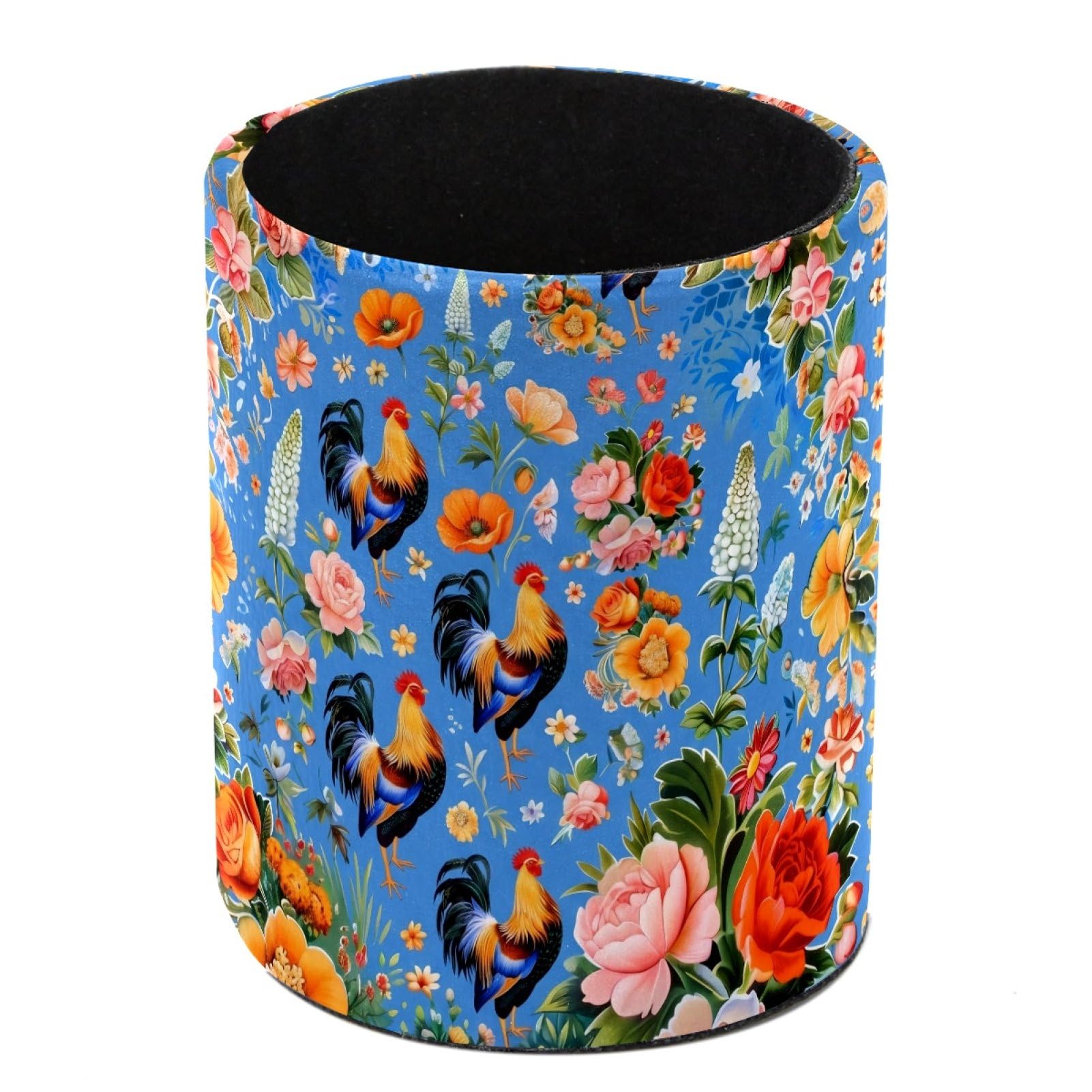 HEOEH Roosters Flowers Pen Holder for Desk, PU Leather Pencil Holder Pen Cup Marker Holder Makeup Brush Holders, Desk Accessories & Workspace Organizers for Home, Office