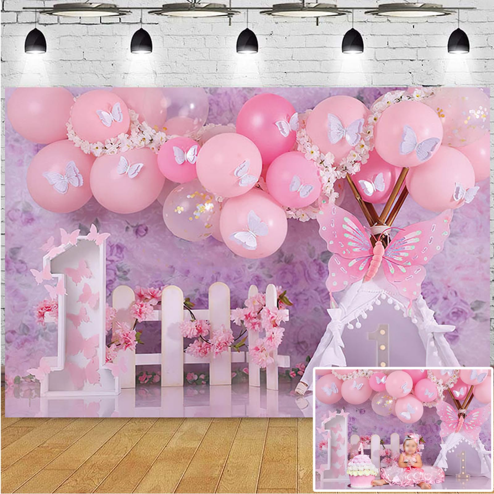 Pink Balloon Garden Floral Photography Background With Butterfly - Girls 1st Birthday Sweet One Wonderland Flowers Backdrop - Cake Smash Decor Banner,