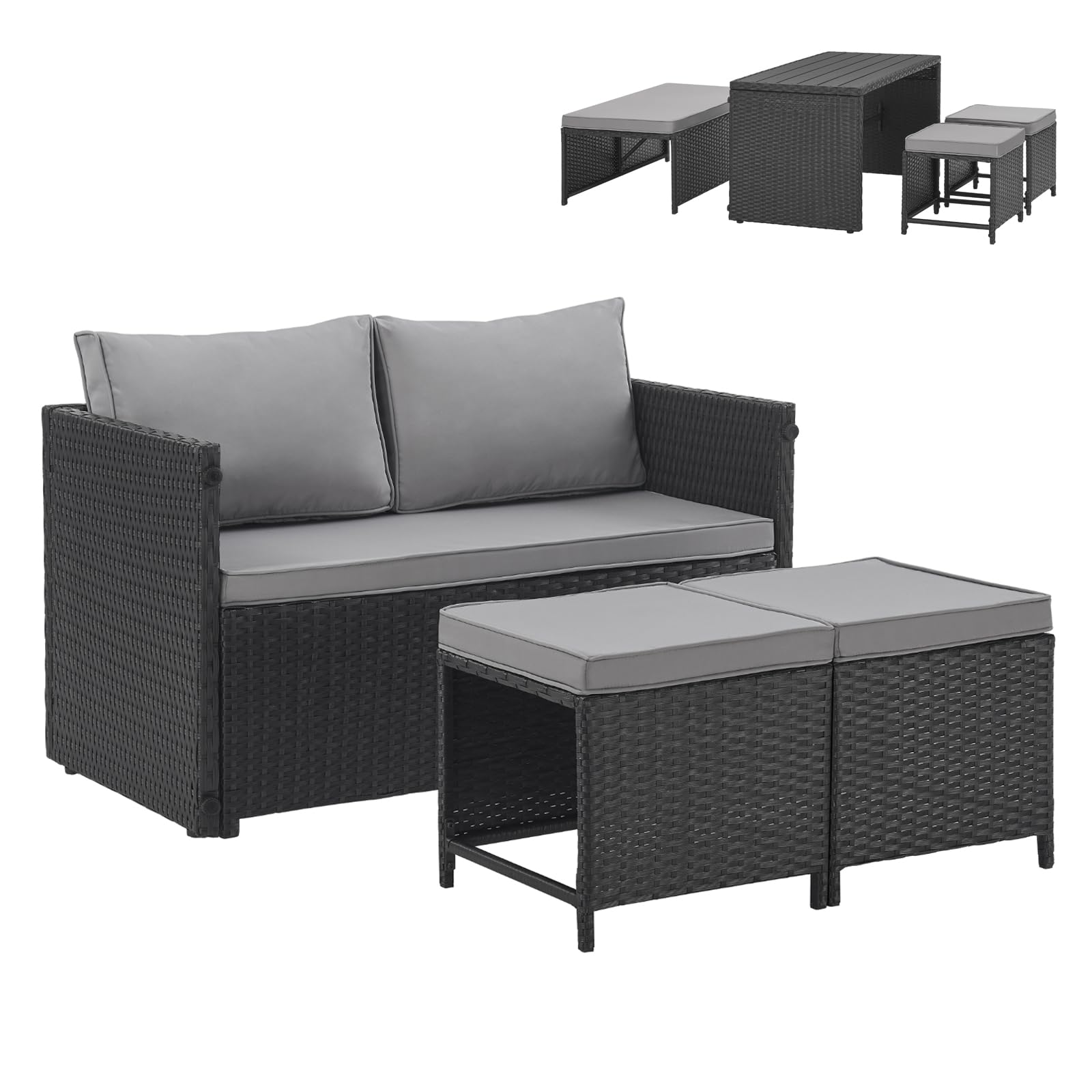 SVITA ATHINA 2in1 Sitzgruppe Outdoor Rattanlounge Balkon Essgruppe Polyrattan Schwarz