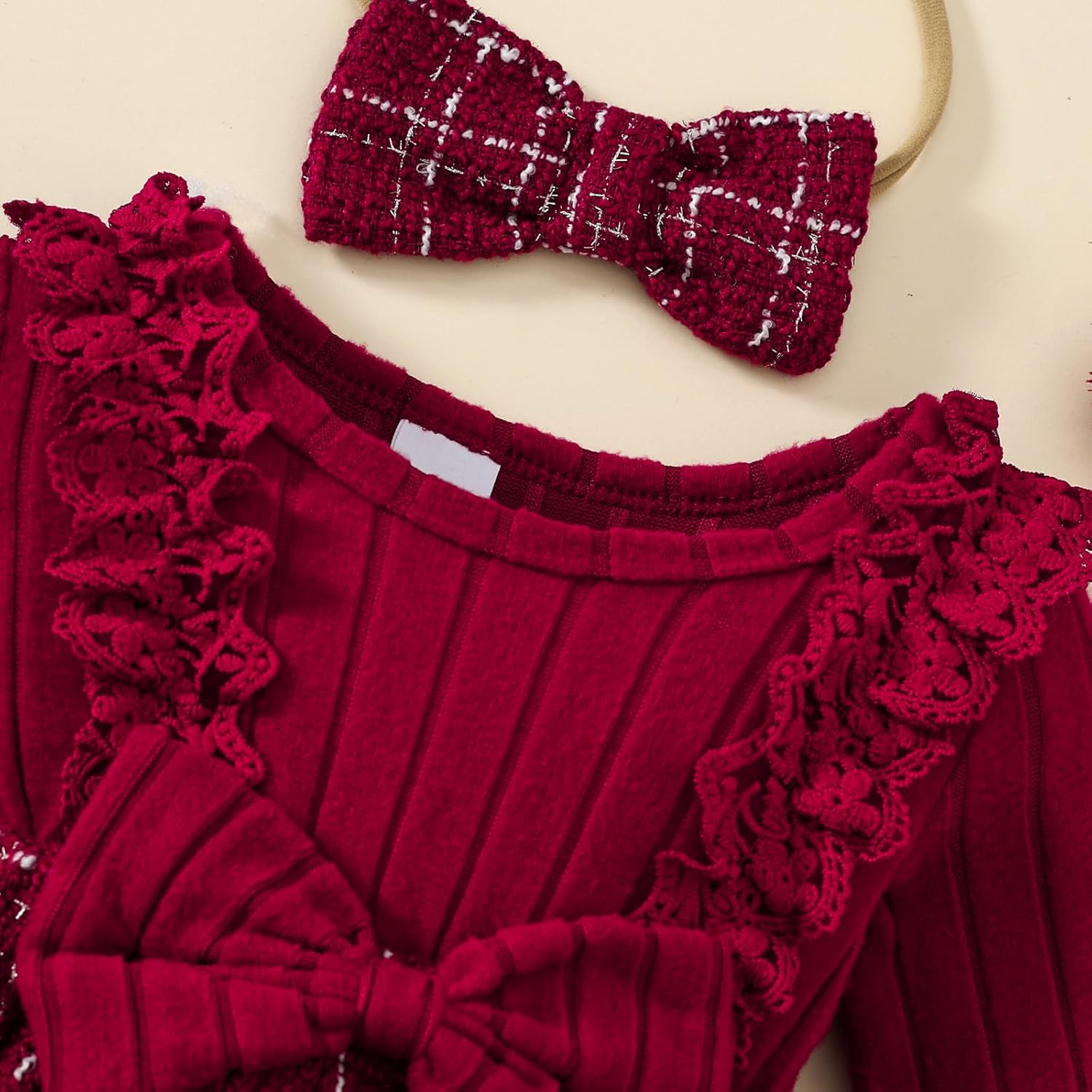 Newborn Baby Girl Clothes Long Sleeve Romper Dress Infant Lace Ruffle Fall Winter Outfit with Headbond - Image 4