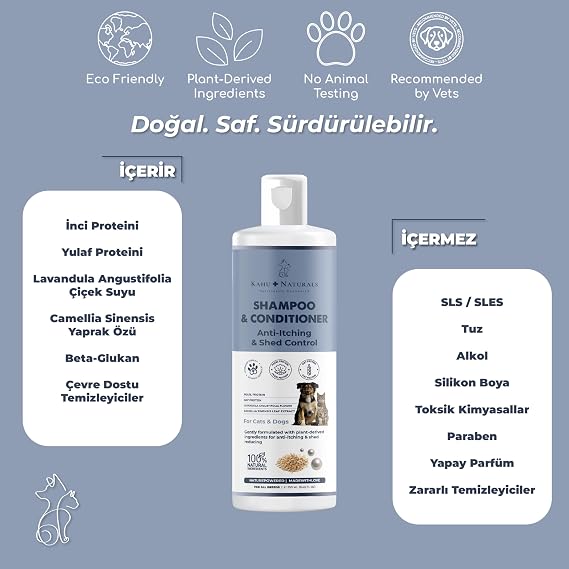 Kahu Naturals Kaşıntı Tüy Dökülme Karşıtı Organik Şampuan Nemlendirici,Köpek ve Kedi, Yulaf, İnci Proteini, Yeşilçay, Lavanta, 250 ml