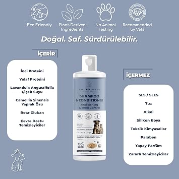 Kahu Naturals Kaşıntı Tüy Dökülme Karşıtı Organik Şampuan Nemlendirici,Köpek ve Kedi, Yulaf, İnci Proteini, Yeşilçay, Lavanta, 250 ml