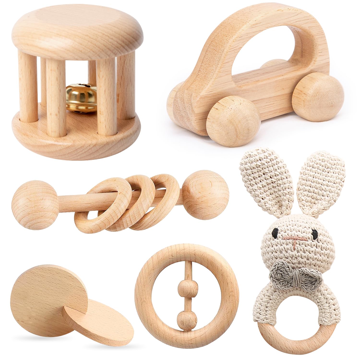 Wooden Baby Toys, 6PCS Wooden Rattle for Baby, Montessori Toys for Babies 0-6 -12 Months, Wood Rattles Set for Infant Grasping, Wooden Rattles Push