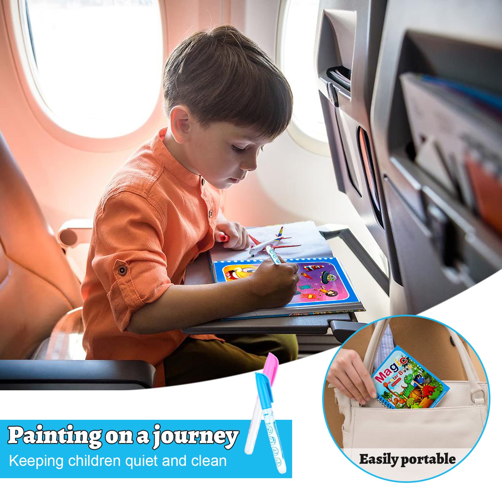 Libri per pittura ad acqua per bambini, 6 pezzi, libro magico da colorare ad acqua, riutilizzabili, con 6 penne magiche, giocattoli da viaggio per bambini in aereo