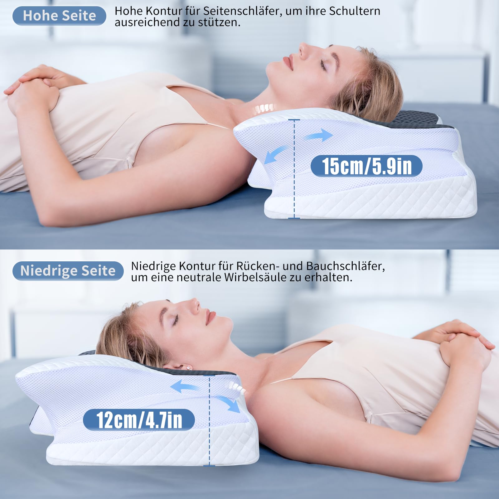 SAHEYER Cuscino Cervicale ergonomico per dormire, cuscini per chi dorme di lato in memory foam cuscino ortopedico cervicale per il sostegno del collo Migliora la qualità del sonno 70 x 40 x 15/12 cm