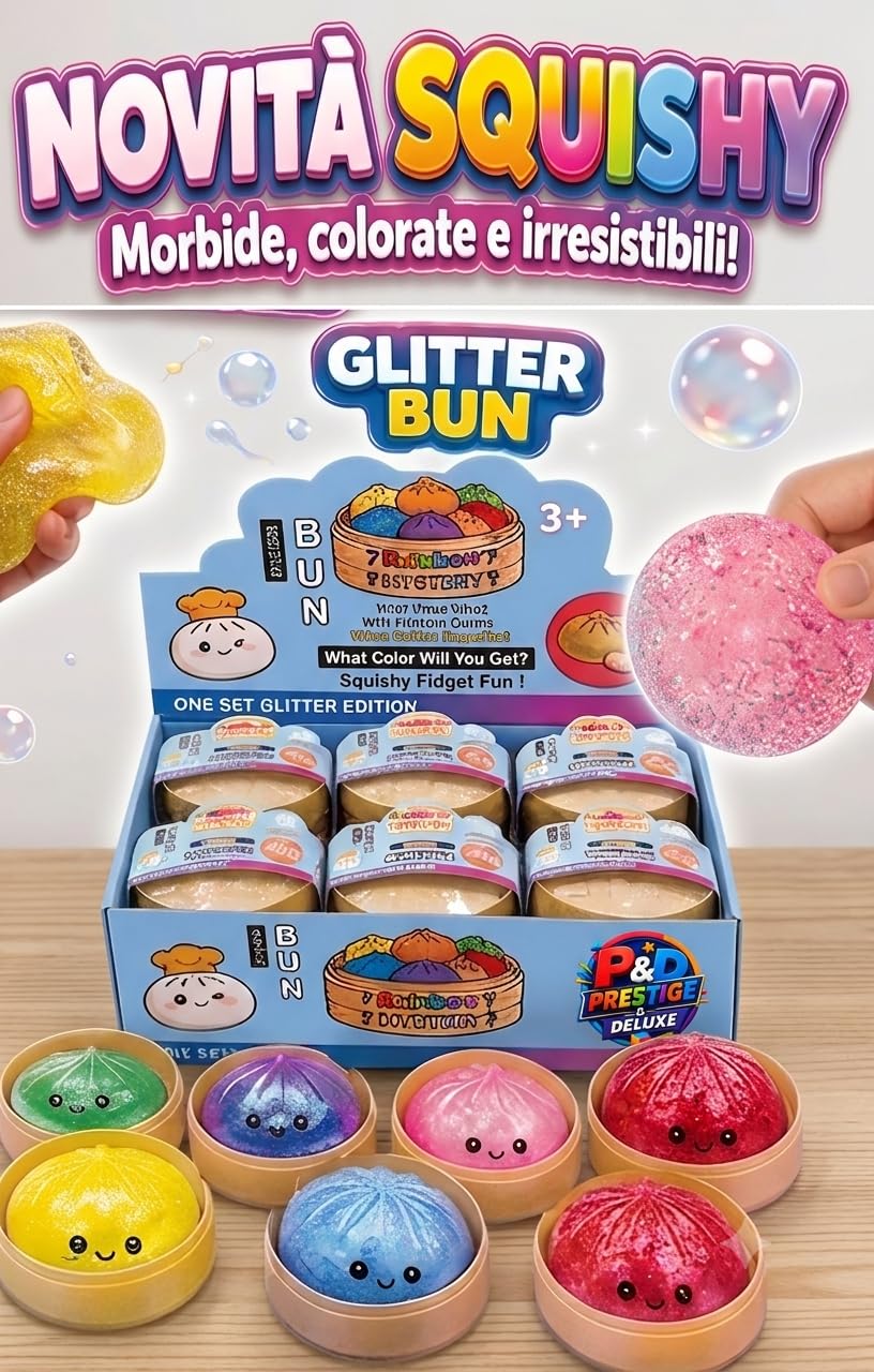 Baozi Squishy VERSIONE GRANDE Rainbow & Diamonds morbido Kawaii antistress Glitter 9 cm – Giocattolo per bambini soft touch sensoriale Raviolo Cinese - 1 pezzo - colleziona tutti i colori