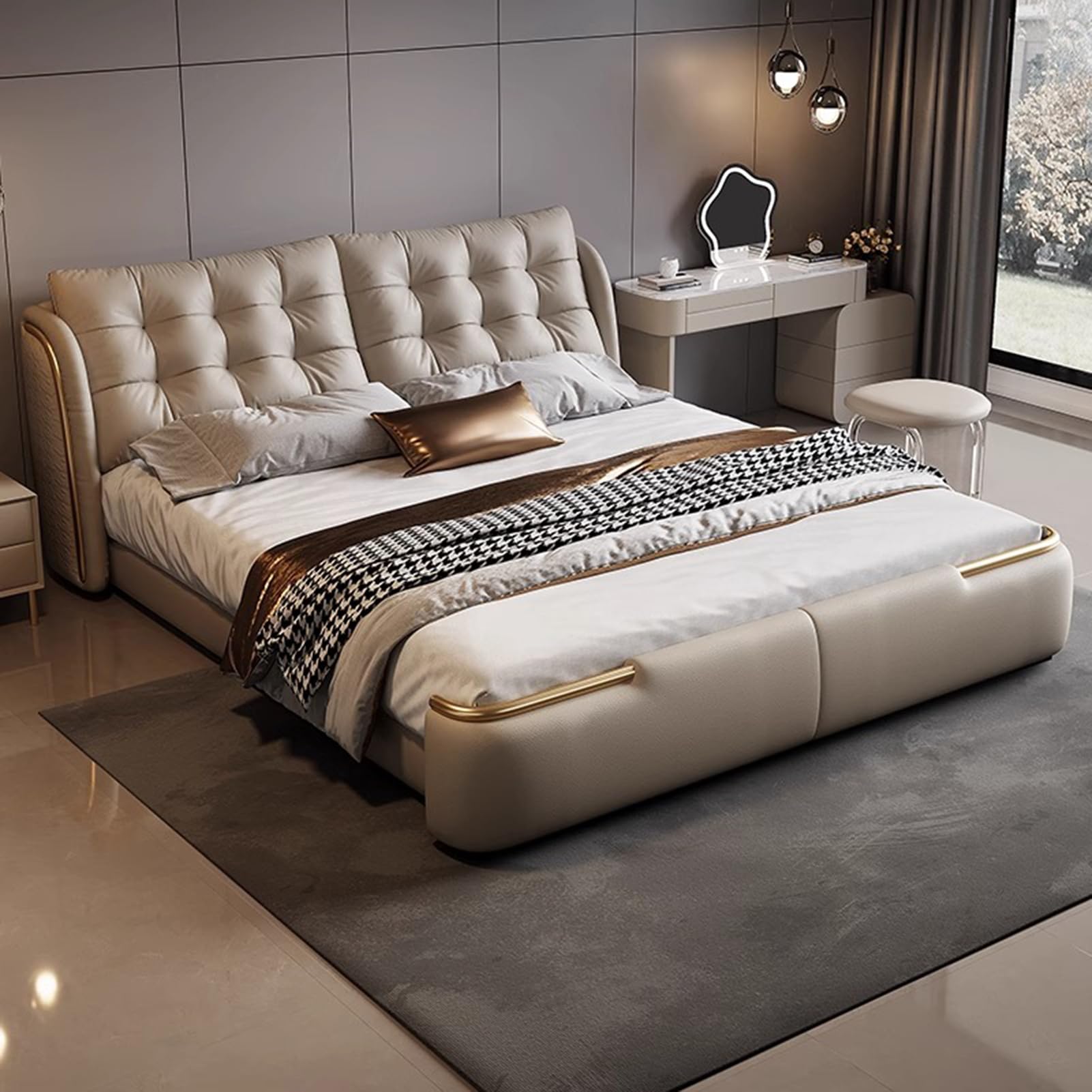 King Size Genuine Leather Wood Bed Upholstered Platform Bed Frame with Headboard and Lift Up Storage Wooden Slats