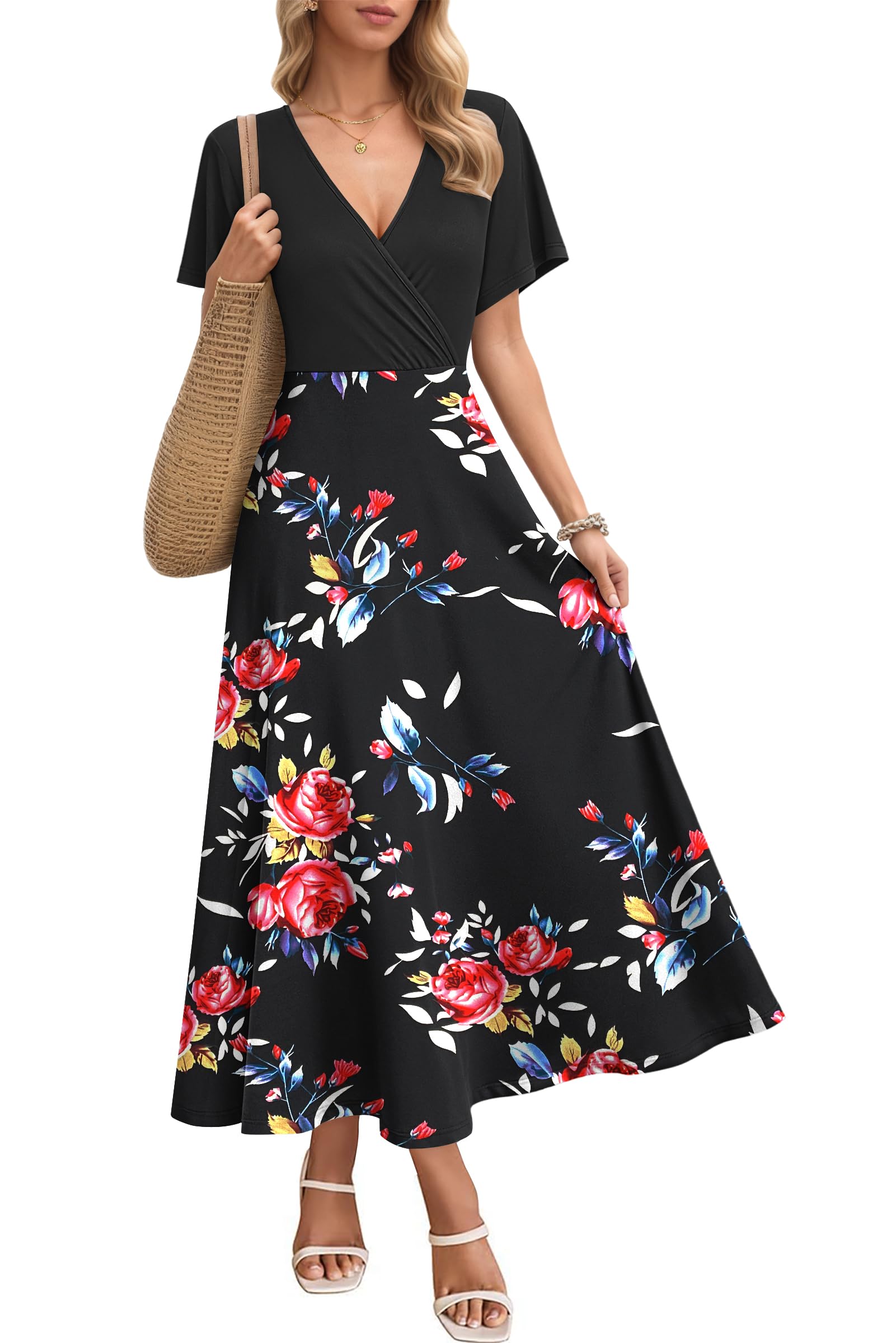 AUSELILY Maxikleider Damen Sommer Kleid Lässig Hohe Taille Lockere Passform Mit Taschen