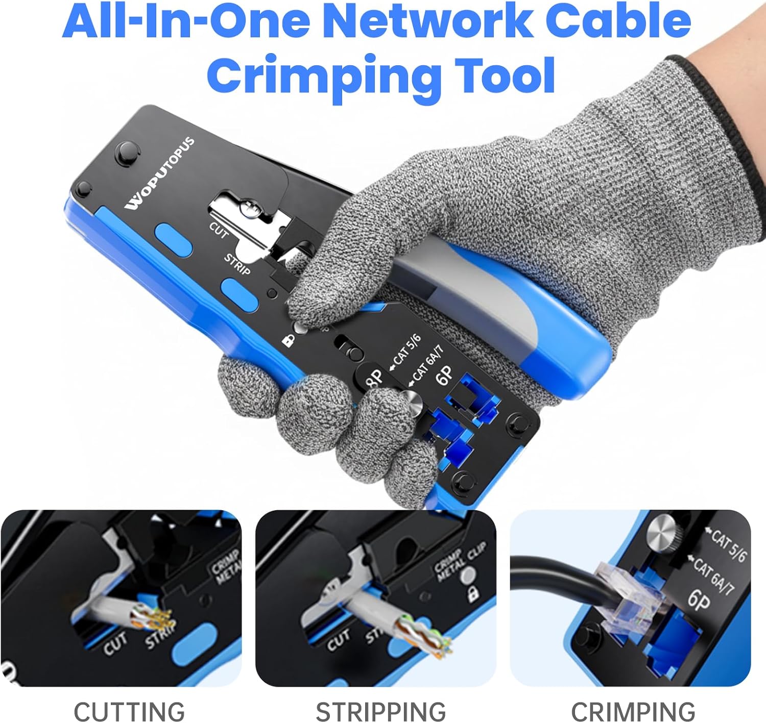 RJ45 Crimp Tool Kit Pass Through, Ethernet Crimper for Cat5/5e/6/7, Includes 50-Pack Cat6 Pass Thru Connectors and 50-Pack Boots