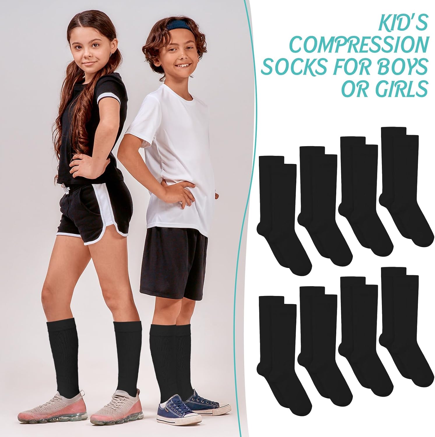 Shinymoon 8 Pairs Kids Compression Socks 15-20 Mmhg Knee Length Sock Calf Graduated Compression Stockings for Boys Girls