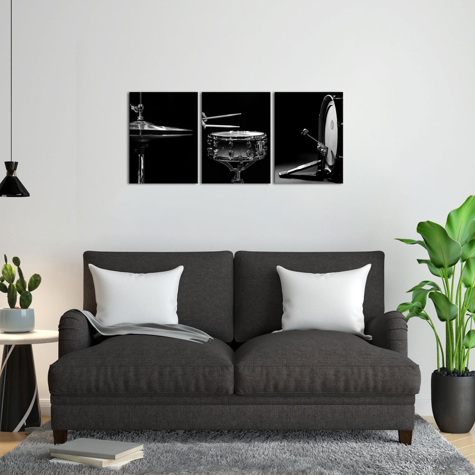 Canvbay Stampa artistica da parete in bianco e nero con kit di batteria jazz, poster con strumenti musicali, decorazione moderna per la casa per sala da studio rock, 30,5 x 40,6 cm, 3 pezzi