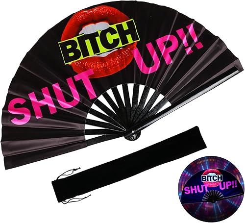 Miniatura 13 de Ventilador plegable grande para rave, ventilador plegable de bambú chino japonés con brillo UV, ventilador de mano para baile, música, festival