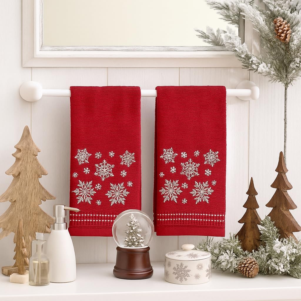 Serafina Home Christmas Bathroom Hand Towels- Set of 2 Red Embroidered White Snowflakes Design-16 x 25" Bath & Kitchen Decor - Image 5